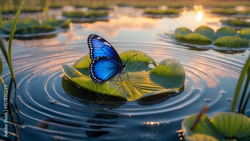 Blue Butterfly Resting on Lily Pad Creates Ripples in Water