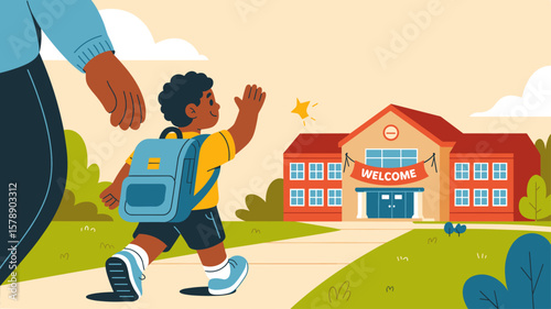student waving goodbye to parent on first day of school, vector illustration for back to school season, childhood milestones and education