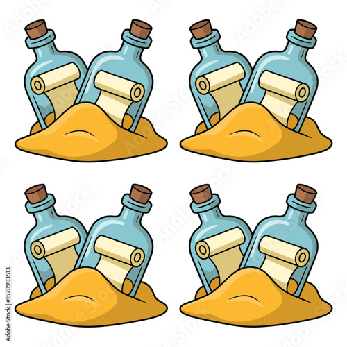 Four identical cartoon messages in bottles half buried in sand
