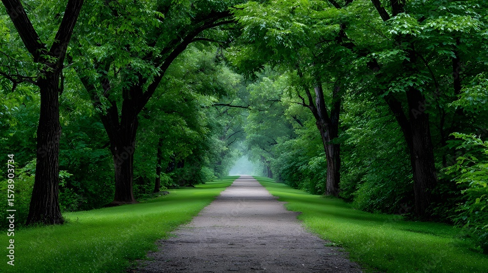 Naklejka premium Lush green forest path winding through a tranquil natural landscape.