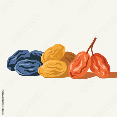 Assortment of dried fruits including raisins and dates on a light background