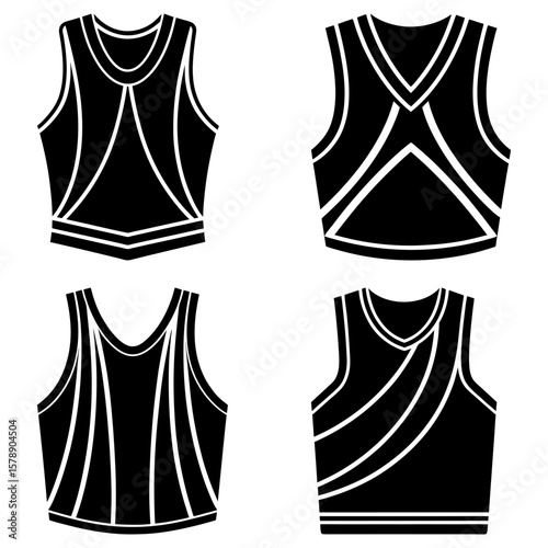 Illustration of four different black tank tops with white trim and varied design details on a white backdrop