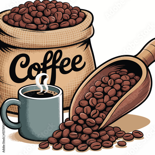 Freshly roasted coffee beans in a burlap sack with a mug and wooden scoop