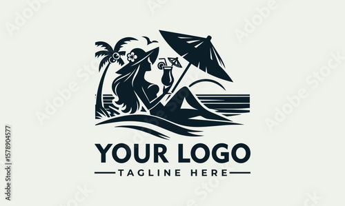 Silhouette of a woman relaxing on a beach, enjoying a cocktail under an umbrella.