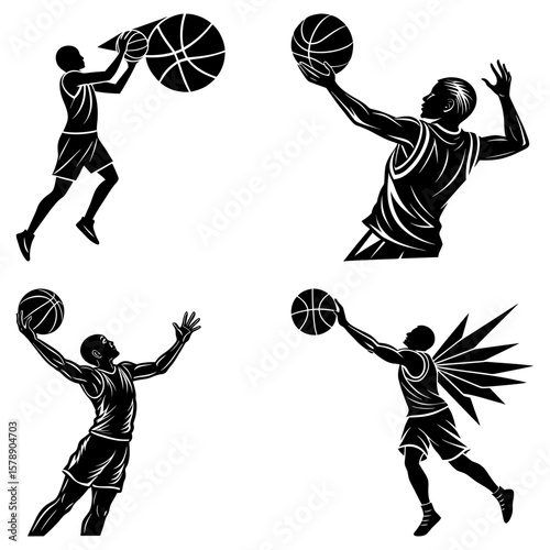 Illustrations of basketball players in action poses with various stylized elements and black silhouettes