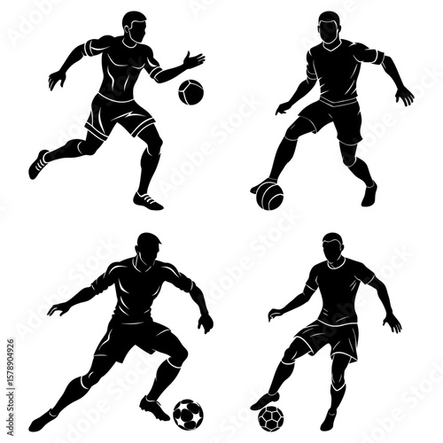 Silhouette illustration showing four soccer players in various action poses with soccer balls on a white background