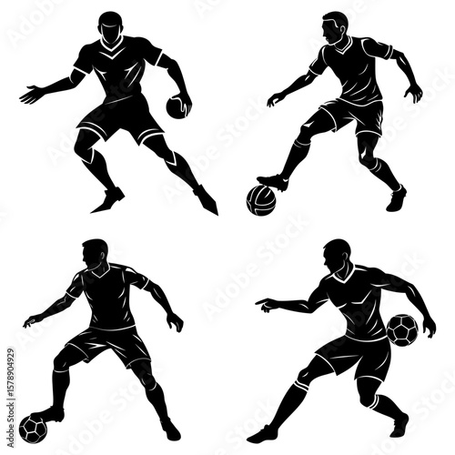 Silhouetted soccer players in various poses dribbling and controlling the ball with skill and precision