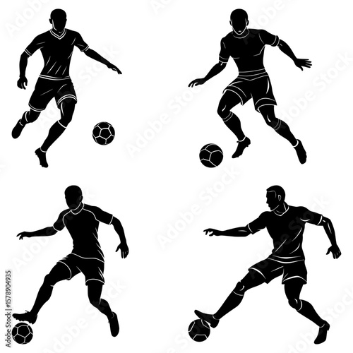 Silhouetted soccer players in action dribbling and controlling soccer balls on a white background display