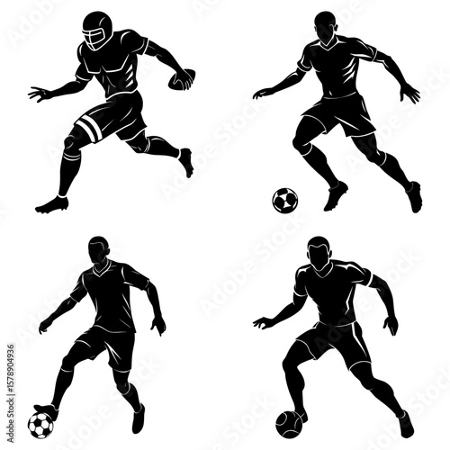 Four black silhouette illustrations of athletes playing football and american football on a white background