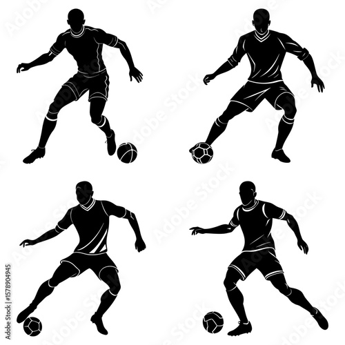 Silhouette of four soccer players in action dribbling the ball on a white background design layout vector