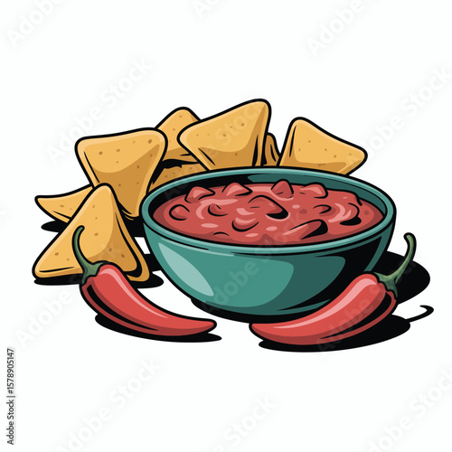 Delicious corn tortilla chips with spicy salsa and red chili peppers