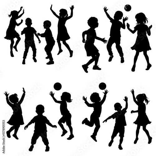 Silhouette illustration of children playing and jumping with balls in a group setting outdoors