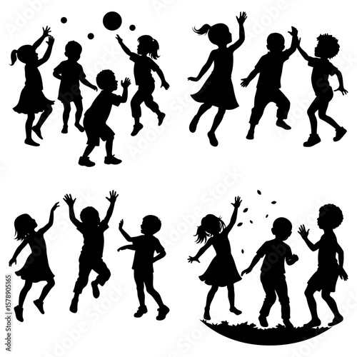 Silhouette illustration of children playing and interacting in various dynamic poses and activities