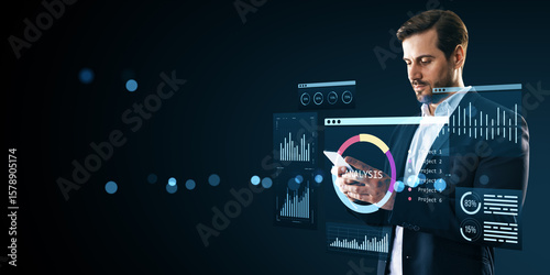 Businessman using smartphone with virtual analytics dashboard and data interf...