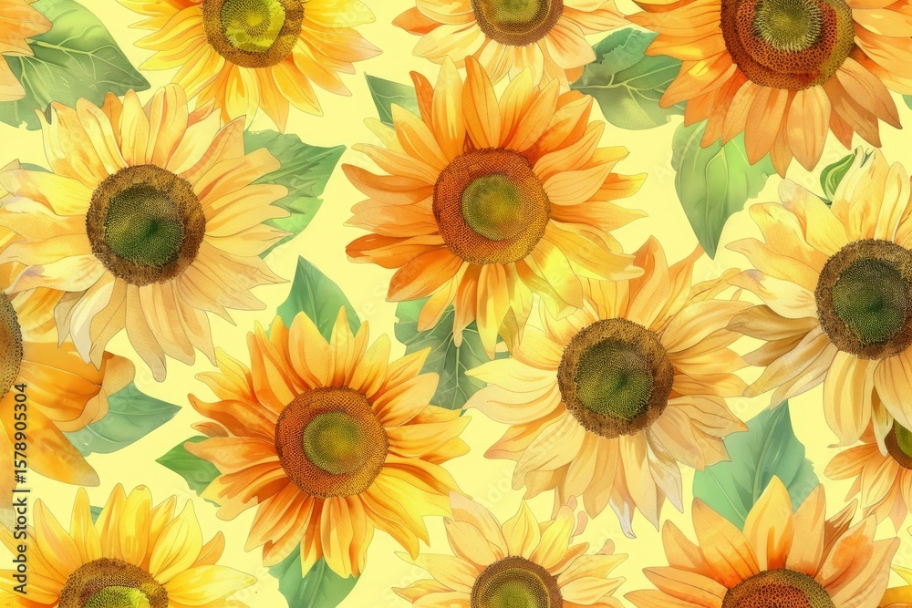 Obraz premium Seamless pattern of blooming sunflowers with green leaves on a yellow background creates a cheerful and vibrant summer design