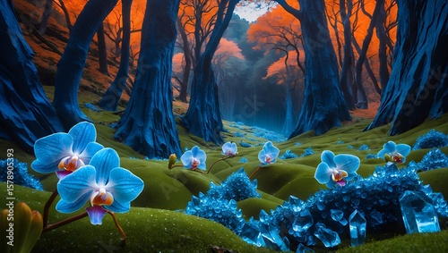 Orchid Flowers and Crystal Landscape in Dreamlike Forest Illustration