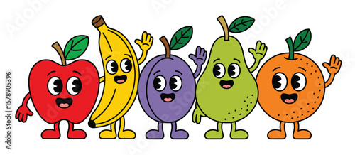 Five cute cartoon fruits waving hello with happy faces and arms