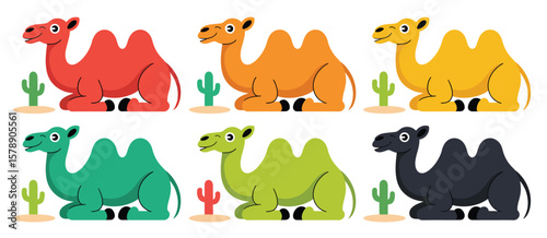 Six colorful cartoon camels sitting in the desert with cacti