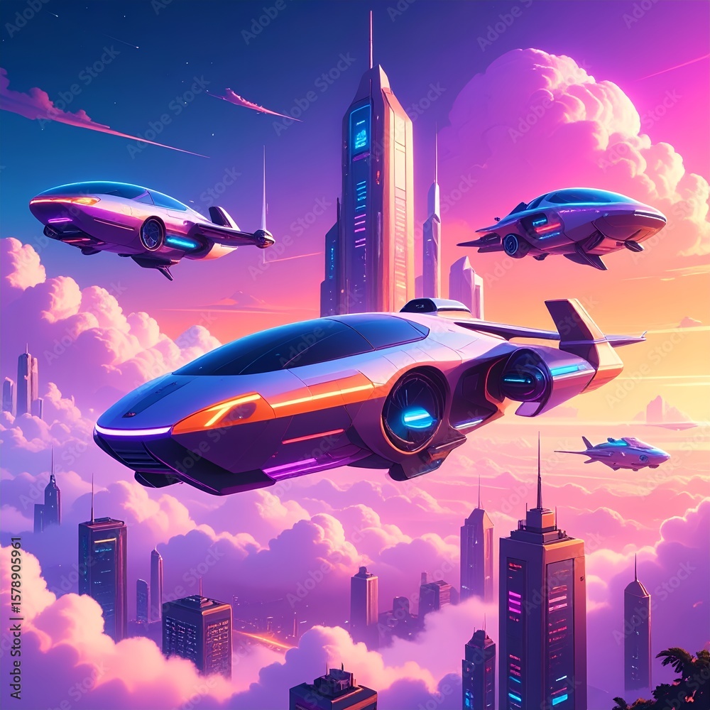 Futuristic Cityscape with Flying Vehicles. Futuristic Cityscape with Flying Vehicles.