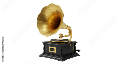 Golden Vintage Gramophone Music Player Phonograph on Transparent