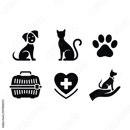 Black pet icons representing pets veterinary care and animal health symbols with white background