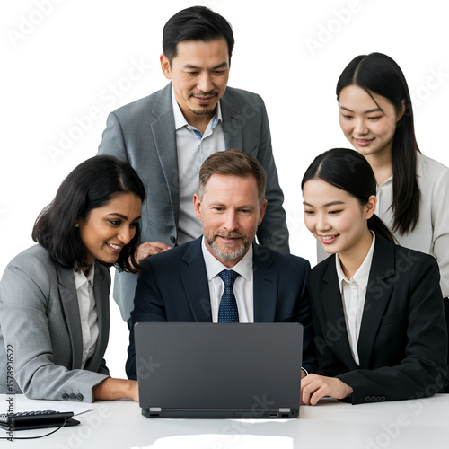 Group Photo Teamwork Asian and Caucasian Professionals Watching Laptop PNG