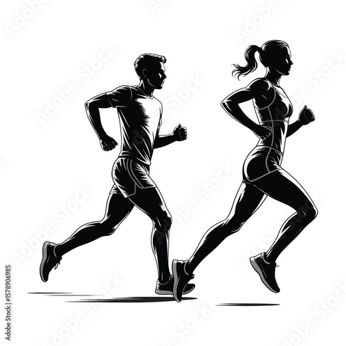 Black and white illustration of running athletes depicting fitness and healthy lifestyle