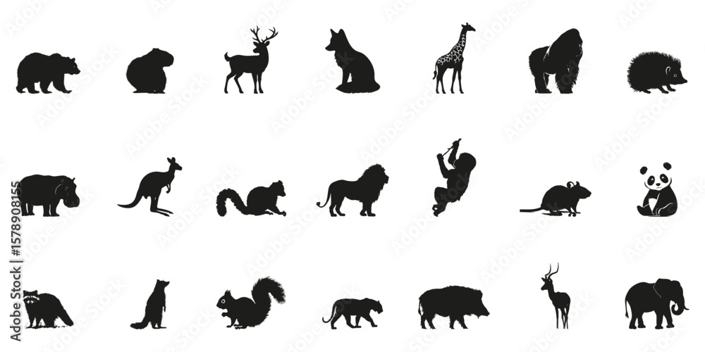 Fototapeta premium Wild Animal Silhouettes In Solid Icon Set. Wildlife Observation And Nature Preservation Symbol Collection. Environmental And Educational Use. Isolated Vector Illustration