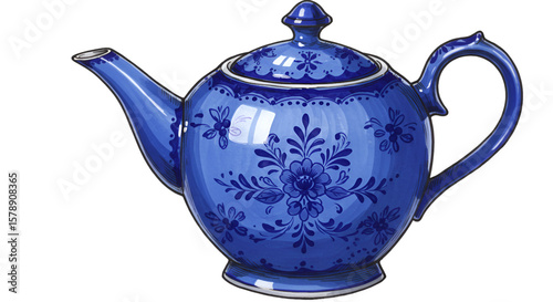 Illustration of Blue Floral Pattern Teapot Isolated on Transparent Background