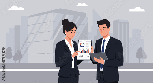Business professionals discuss data analytics for presentations against city backdrop, corporate training and marketing materials