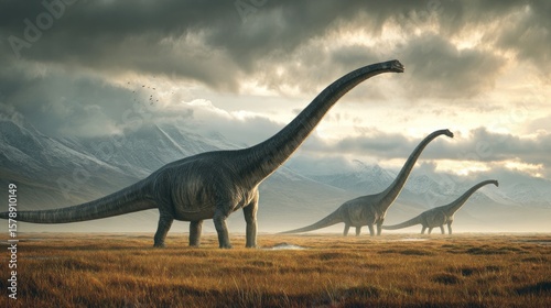 Fototapeta Naklejka Na Ścianę i Meble -  Prehistoric scene Dinosaurs in a vast, grassy plain under a stormy sky