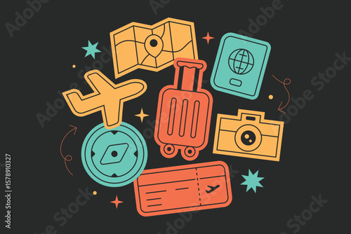 Colorful travel sticker, patch, stamp, logos element collection. Set of vintage  travelling symbol in black background.