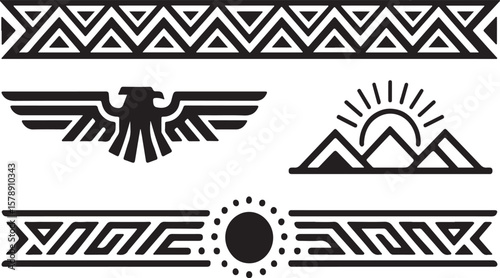 Collection of stylized black and white graphic elements featuring geometric tribal borders an eagle and a sun rising over mountains