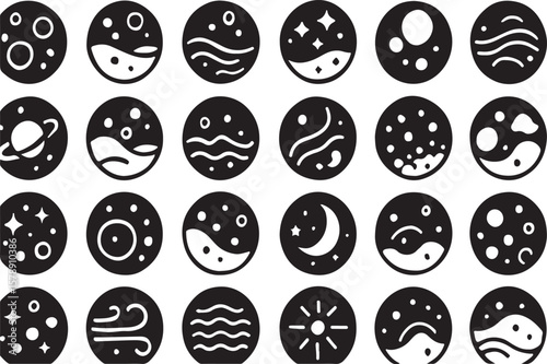 Collection of circular icons representing celestial bodies planets moons stars and cosmic phenomena in a clean black and white graphic style