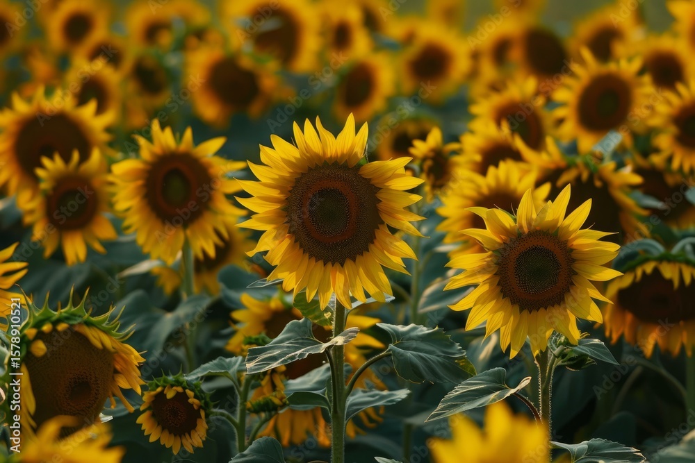 Fototapeta premium Sunflowers blooming in agricultural field during summer