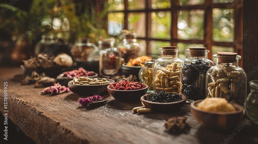 Fototapeta premium A vibrant display of assorted herbs and herbal capsules arranged on a rustic wooden table.
