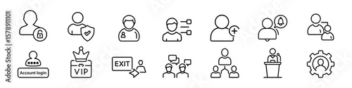 User account and profile management line icons including login, exit, team, VIP badge, and people connections