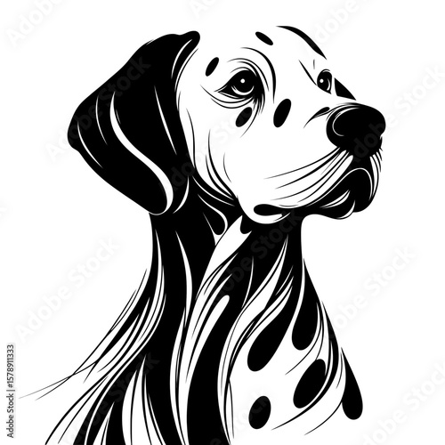 Vector illustration of dalmatian dog in black strokes and lines design. Family pet, love and care for animals, adoption fair. Types of breeds, decoration for grooming salon or vet clinic