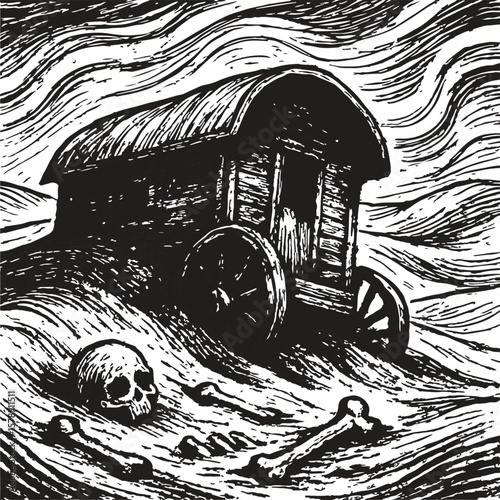 A solitary rustic wooden wagon rests on a desolate landscape with scattered human bones and a skull in the foreground under a dramatic textured sky