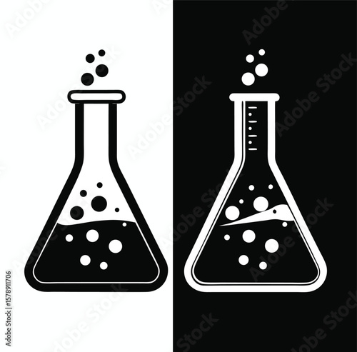 Two contrasting laboratory flasks with bubbling liquid and vapor on dark backgrounds