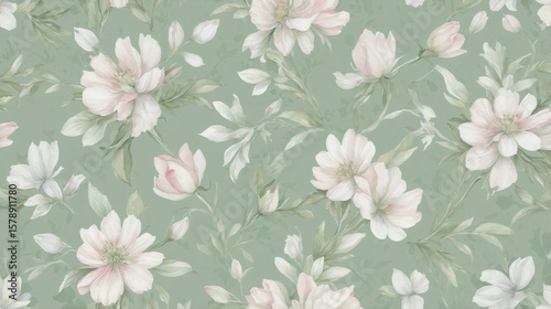 Wallpaper Mural Watercolor Floral Pattern with White and Pink Flowers on a Green Background Torontodigital.ca