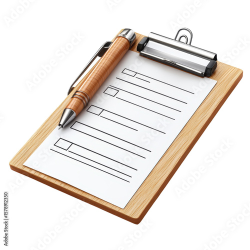 Wooden Clipboard Pen Checklist Form Paper Business Work Planning Task on transparent background