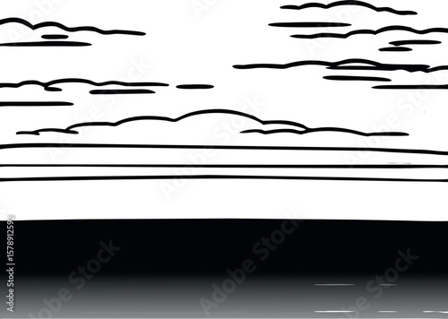 Minimalist Ocean Horizon Line Art with Clouds
