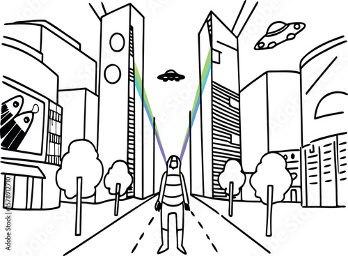 Futuristic City with UFOs and Astronaut – Sci-Fi Line Art Illustration