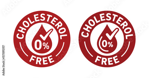 Red 0% Cholesterol Free Guarantee Seals with Blood Drop Icon, Indicating Healthy and Diet-Friendly Products