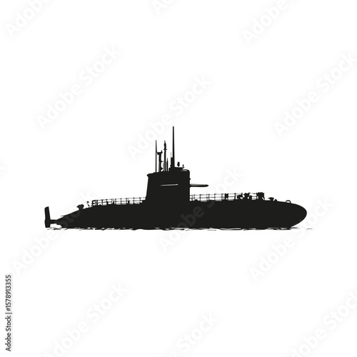 Submarine Silhouette On White Background. Nautical Exploration And Military Technology. Isolated Vector Illustration