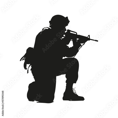 Silhouette Of Soldier In Kneeling Position With Rifle. Military Readiness And Defense. Isolated Vector Illustration