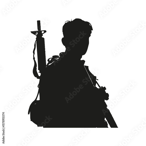 Silhouette Of Armed Soldier With Rifle. Military Readiness And Defense. Isolated Vector Illustration
