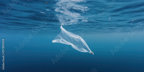 Plastic bag floating in the ocean shaped like a fish surrounded by marine debris and pollution concept of environmental damage ocean plastic waste ecological awareness for conservation design