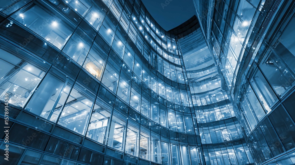 Obraz premium Futuristic office building photography with bright lighting, high-end photography, used in some tech backgrounds, blue tone.